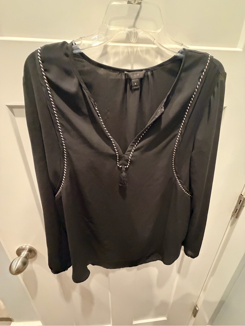 J.Crew Black Tassel Split Neck Whipstitch Boho Blouse Size 6